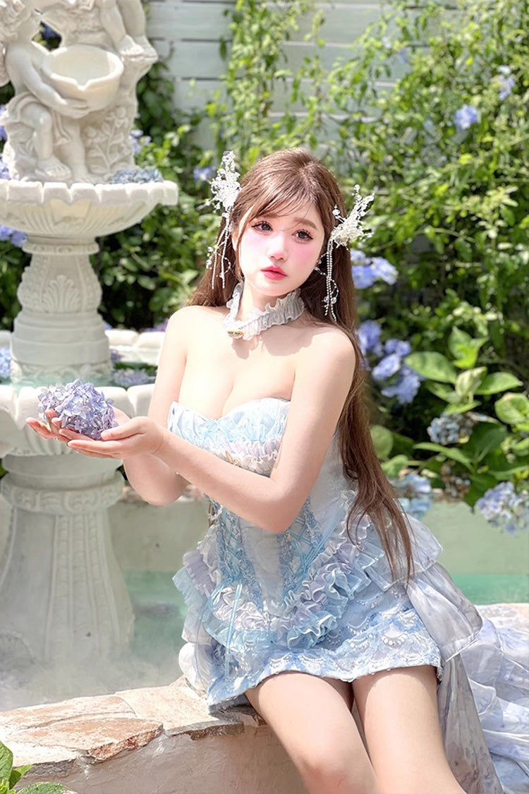 Blue [Mermaid's Tears] Island Romance Print Embroidery Lace Sweet Lolita Skirt Set - Product - 9
