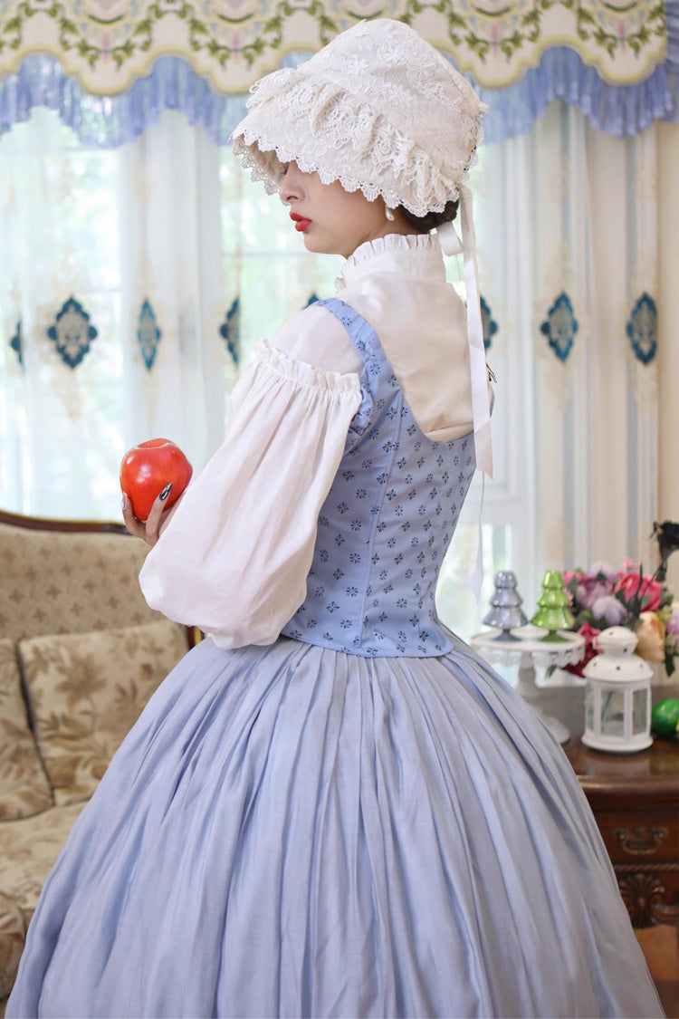 Light Blue [Bashu Girl] Long Puff Sleeves Print Lace-Up Fishbone Corset Sweet Lolita Skirt Dress Three-Piece Set - Product - 11