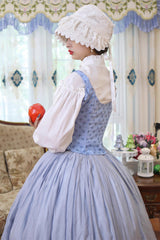 Light Blue [Bashu Girl] Long Puff Sleeves Print Lace-Up Fishbone Corset Sweet Lolita Skirt Dress Three-Piece Set - Product - 11