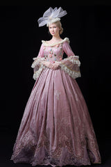 Pink Multi-Layer Trumpet Sleeves High Waisted Three Dimensional Flower Hollow Embroidery Print Victorian Lolita Prom Dress - Product - 2