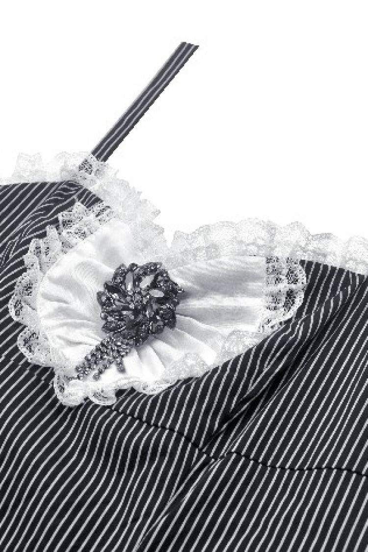 Black/White Pinstriped Sleeveless Lace Lace-Up Women's Gothic Lolita Slip Dress Graduation Dress - Product - 12