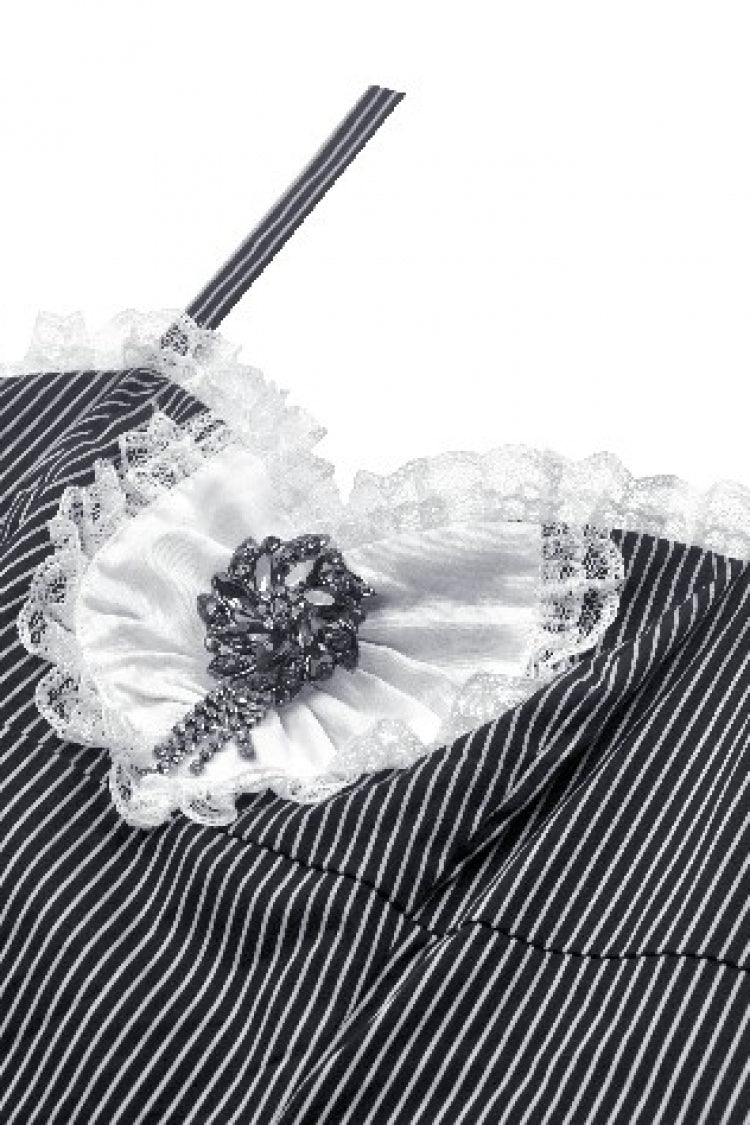 Black/White Pinstriped Sleeveless Lace Lace-Up Women's Gothic Lolita Slip Dress Graduation Dress - Product - 12