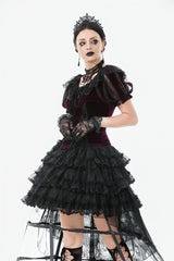 Black Ruffled Doll Collar Short Puff Sleeves Lace-Up Women's Gothic Princess Velvet Cape - Black - 1
