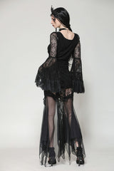 Black Women's Gothic V Collar Long Flared Sleeves Lace Patchwork Blouse - Product - 11