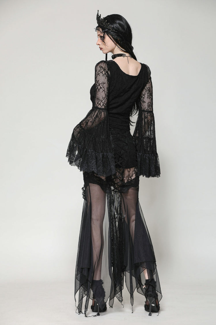 Black Women's Gothic V Collar Long Flared Sleeves Lace Patchwork Blouse - Product - 11