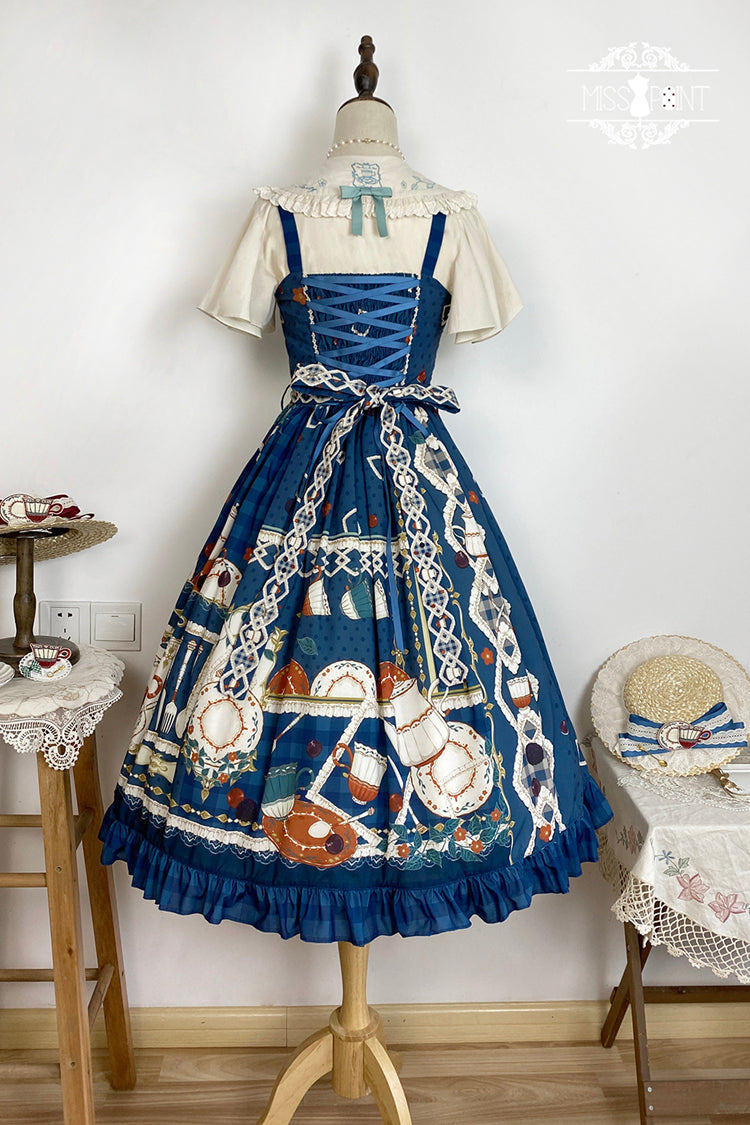 Dark Blue [Tea Party] Print Ruffle Bowknot Lace Sweet Elegant Lolita Jsk Dress - Product - 13