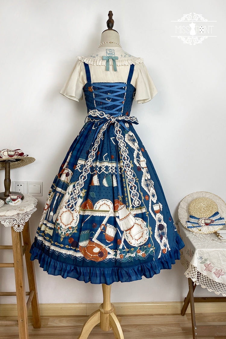 Dark Blue [Tea Party] Print Ruffle Bowknot Lace Sweet Elegant Lolita Jsk Dress - Product - 13