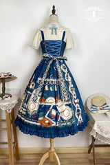 Dark Blue [Tea Party] Print Ruffle Bowknot Lace Sweet Elegant Lolita Jsk Dress - Product - 13