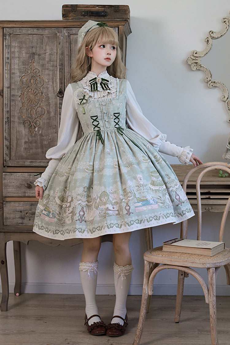 [Iris Study] Square Collar Print Bowknot Lace-Up Sweet Lolita Jumper Dress 2 Colors - Product - 2