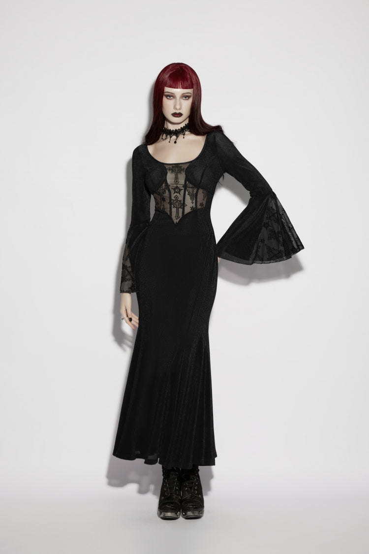Black Round Collar Long Trumpet Sleeves Spliced Lace Lace-Up Slim Mesh Eyelet Women's Gothic Gorgeous Dress Graduation Dress - Product - 8