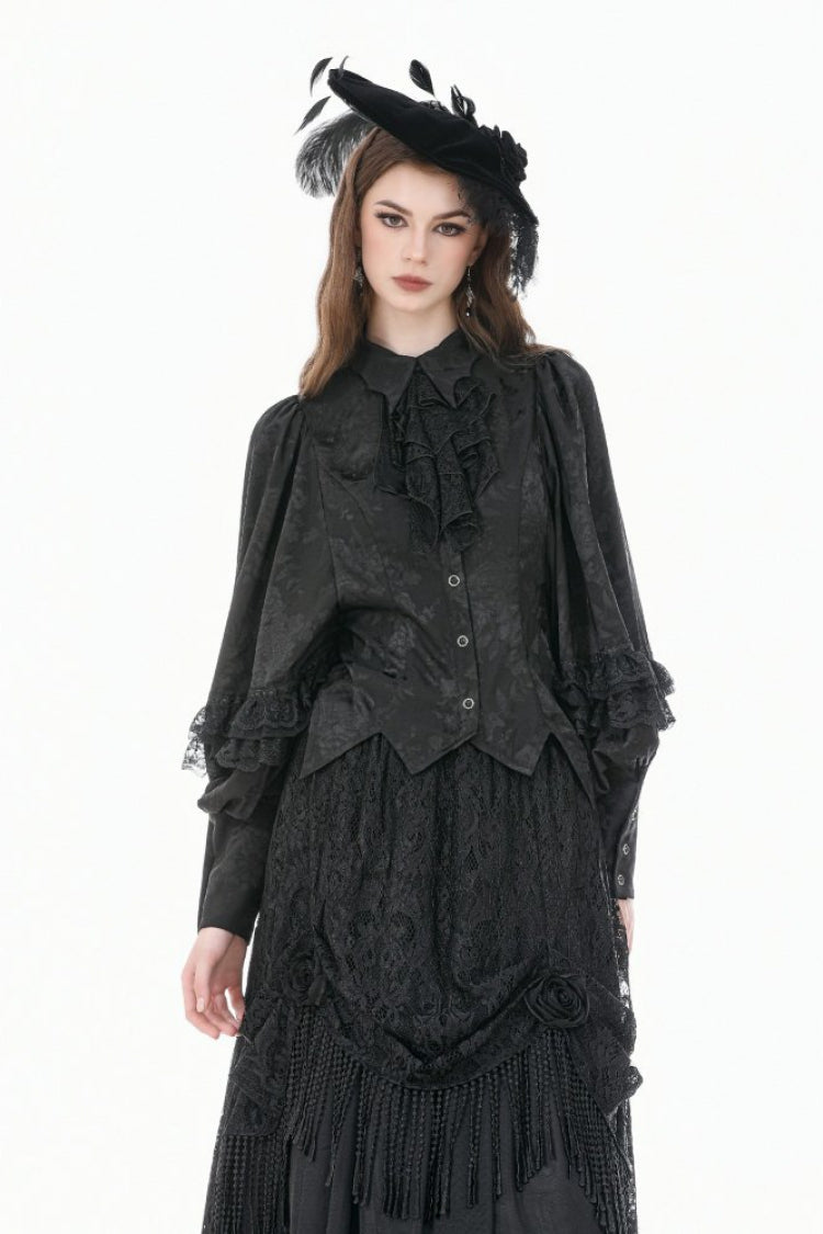 Black Point Collar Long Bishop Sleeves Rose Jacquard Irregular Hem Women's Gothic Blouse with Detachable Tie - Black - 1