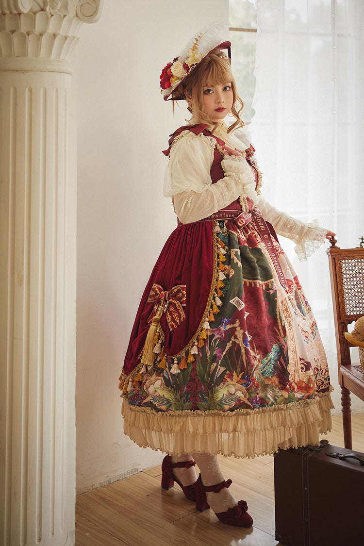Red [Kaleidoscope of Dreams] Sleeveless Double-Layered Print Embroidery Bowknot Classic Vintage Gorgeous Lolita Jsk Dress - Product - 15