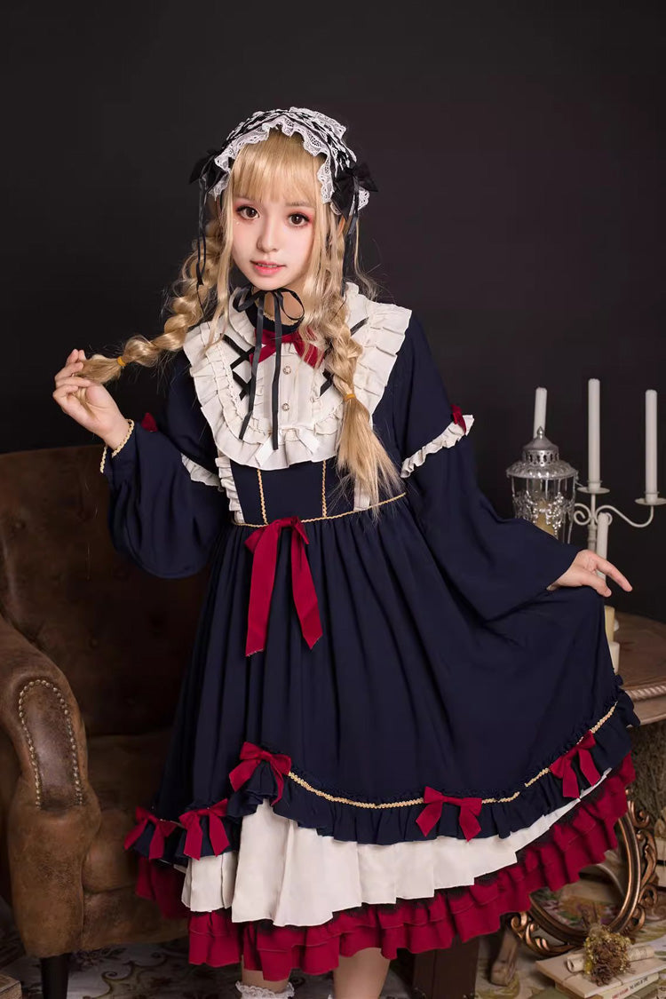 Blue Long Sleeves Ruffle Bowknot Daily Sweet Princess Lolita Dress - Product - 5