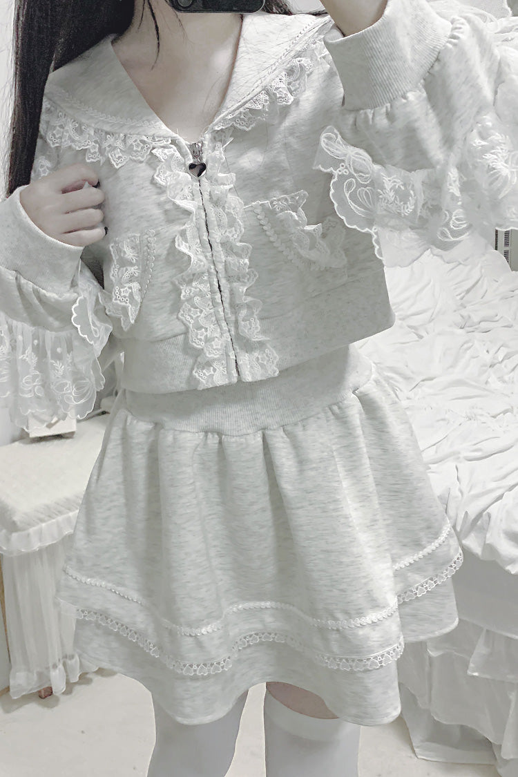 Grey [Heartbeat Rhythm] Long Sleeves Ruffle Lace Hooded Jirai Kei Japanese Skirt Set - Product - 4