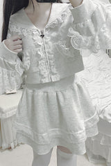 Grey [Heartbeat Rhythm] Long Sleeves Ruffle Lace Hooded Jirai Kei Japanese Skirt Set - Product - 4