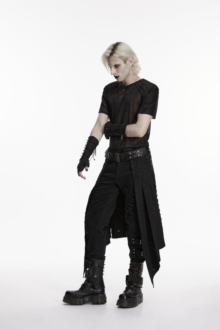 Black Lace-Up Irregular Ripped Men's Punk Skirt - Product - 8