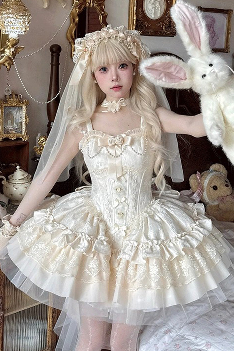 Ivory [Fleeting Light and Shallow Dream] Sleeveless Multi-Layered Ruffle Bowknot Lace Slim Sweet Ballet Lolita Jsk Dress - Ivory - 1