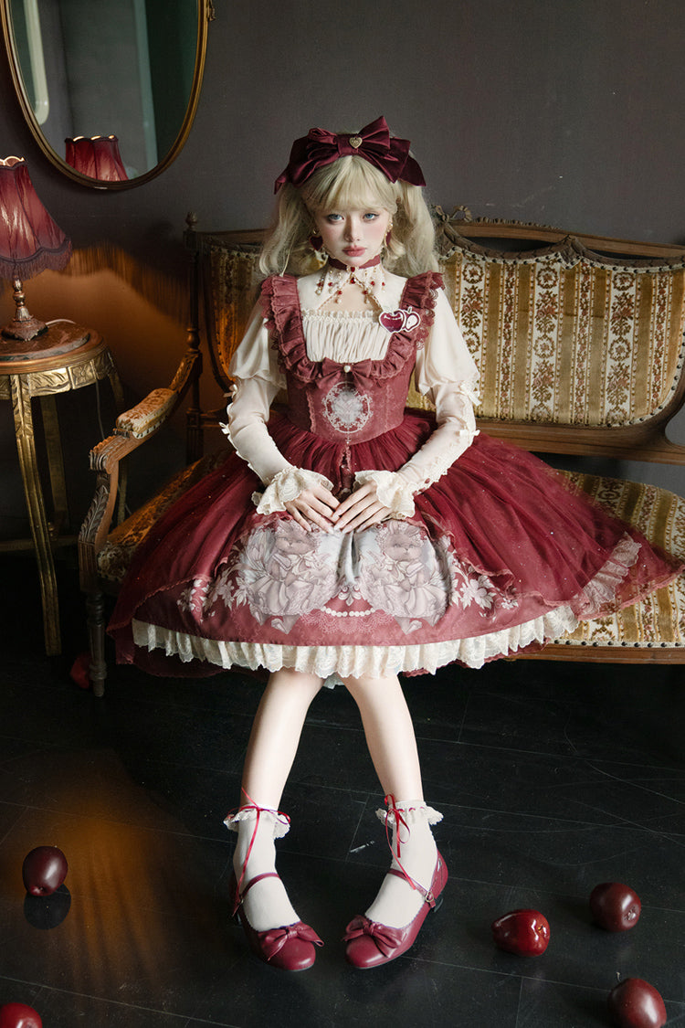 Red Bunny Tea Party Print Ruffle Bowknot Sweet Lolita Jsk Dress - Product - 9