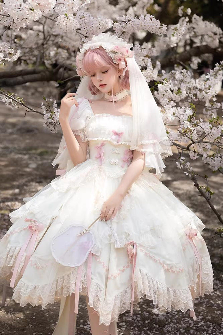 White [Mist and Tulle] Square Collar Multi-Layered Ruffled Hanayome Bow Lace Sweet Princess Gorgeous Lolita Dress - Product - 3