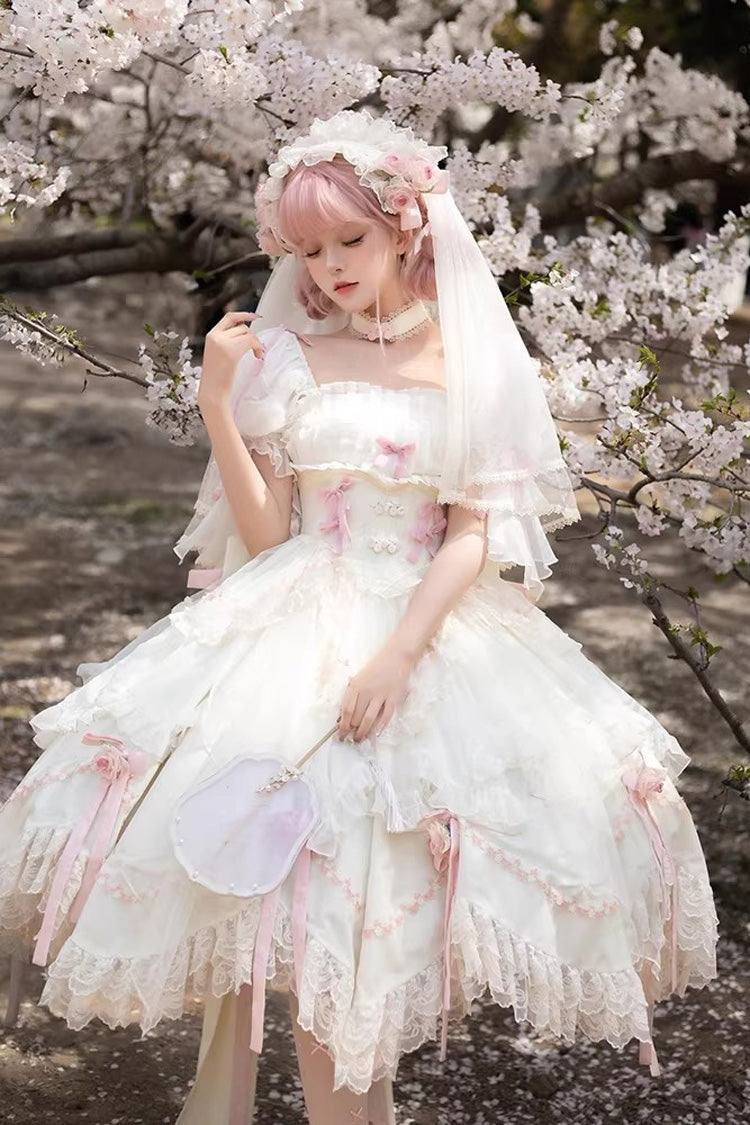 White [Mist and Tulle] Square Collar Multi-Layered Ruffled Hanayome Bow Lace Sweet Princess Gorgeous Lolita Dress - Product - 3