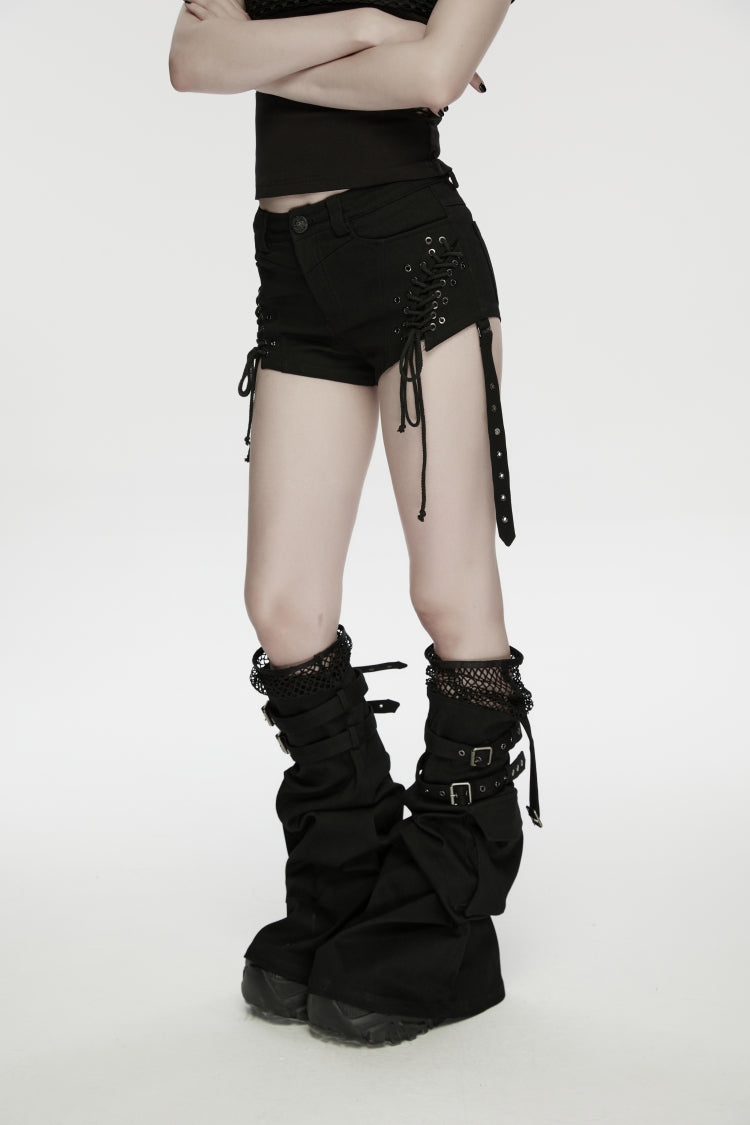 Black Spliced Lace-Up Mesh Detachable Eyelet Women's Punk Shorts - Product - 6