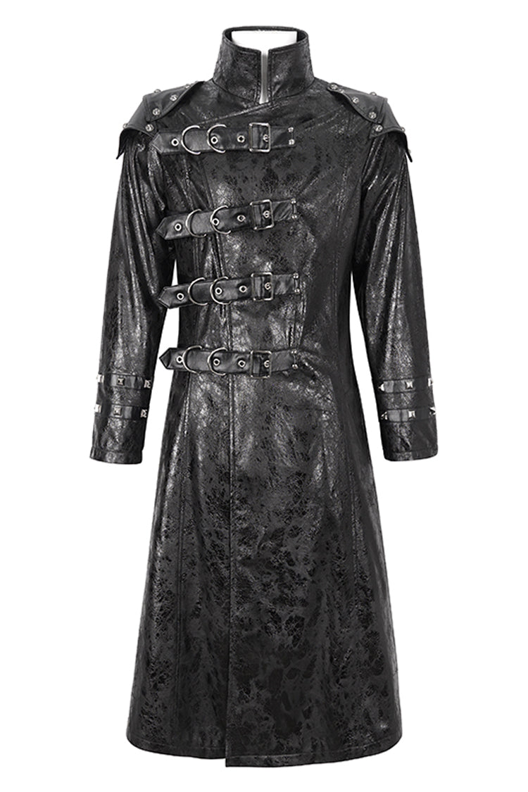 Black Stand Collar Multi Buckle Faux Long Leather Men's Punk Coat - Product - 7