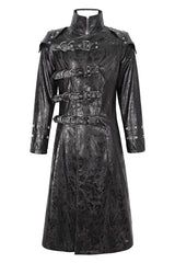 Black Stand Collar Multi Buckle Faux Long Leather Men's Punk Coat - Product - 7