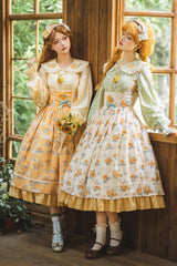 Apricot [Gardening Sunflower] Sleeveless Print Ruffle Bowknot Sweet Elegant Uplift Lolita Jsk Dress - Product - 2