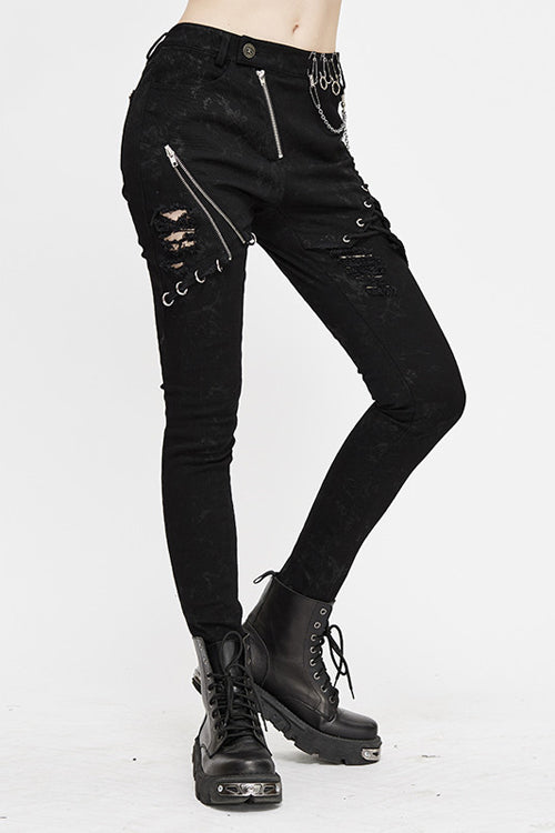 Black Punk Stretch Fitted Womens Pants With Zippper - Product - 2
