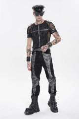 Black Round Collar Long Sleeves Spliced Slim Mesh Studded Eyelet Men's Punk T-Shirt - Product - 5