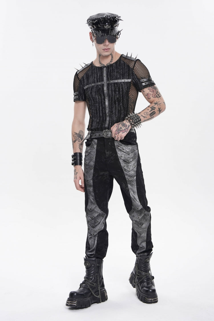 Black Round Collar Long Sleeves Spliced Slim Mesh Studded Eyelet Men's Punk T-Shirt - Product - 5