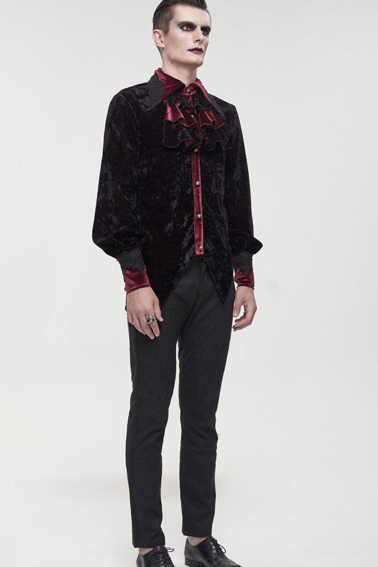 Black/Red Gothic Lace Stand Collar Ruffle Lantern Sleeves Velvet Crack Men's Shirt - Product - 7
