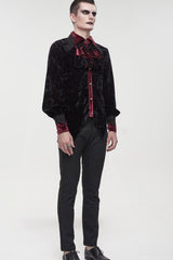 Black/Red Gothic Lace Stand Collar Ruffle Lantern Sleeves Velvet Crack Men's Shirt - Product - 7