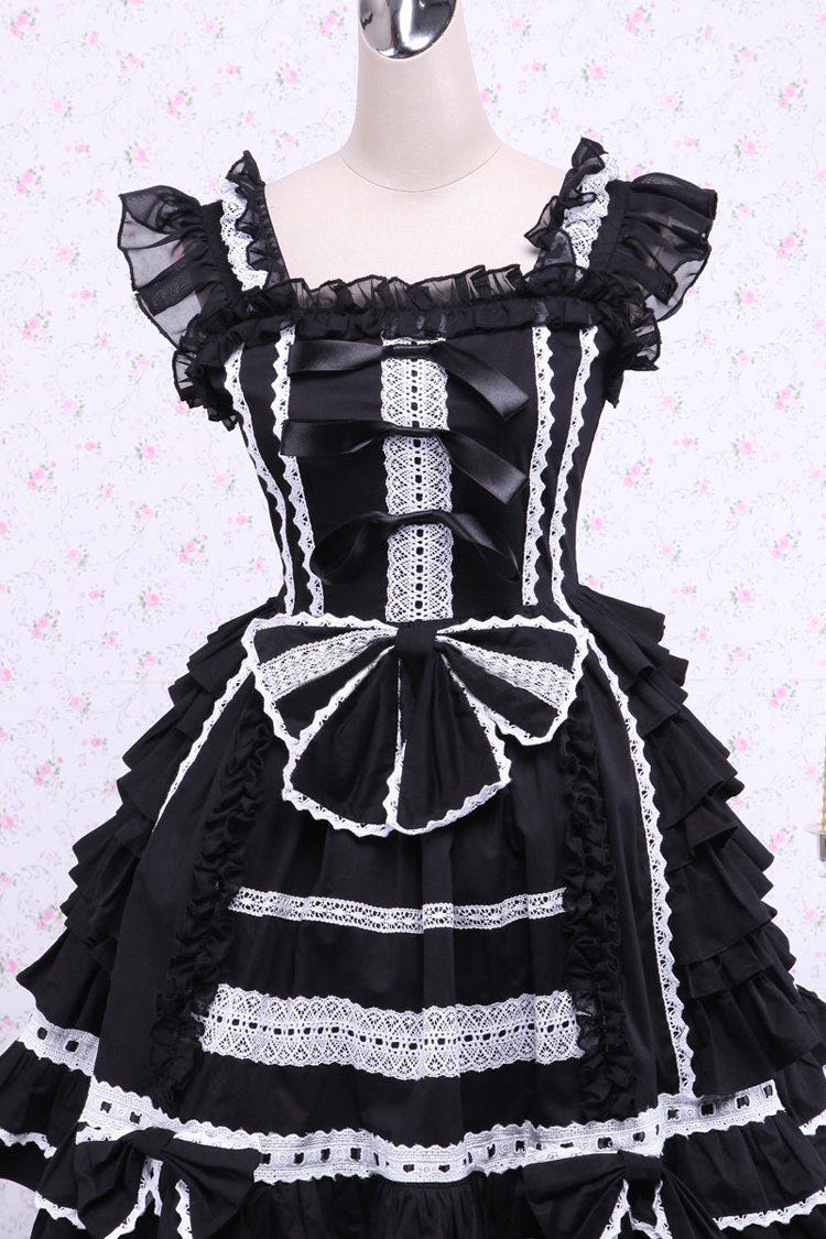 Black/White Cap Sleeves Ruffled Bowknot Lace Trim Gothic Lolita Dress - Black/White - 1