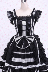 Black/White Cap Sleeves Ruffled Bowknot Lace Trim Gothic Lolita Dress - Black/White - 1