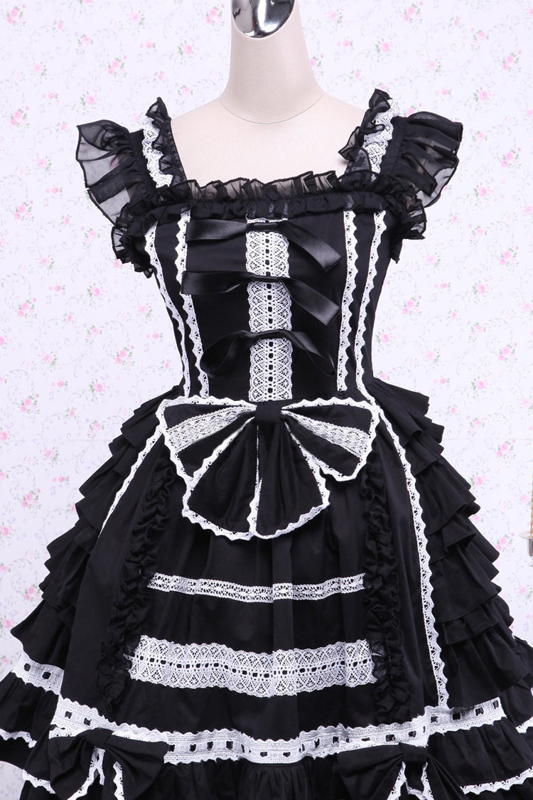 Black/White Cap Sleeves Ruffled Bowknot Lace Trim Gothic Lolita Dress - Black/White - 1