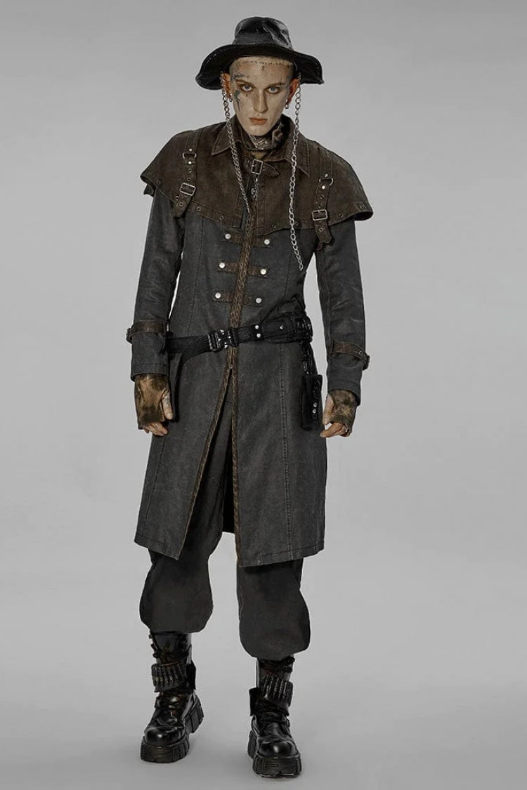 Grey Stand Collar Fake Two Piece Cloak Stitching Metal Buckle Mens Steampunk Coat - Product - 2