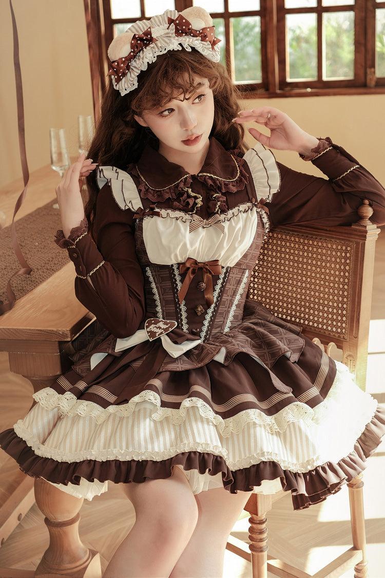 Sweet Square Collar Sleeveless Multi-Layered Printed Ruffled Bow Fishbone Lolita Dress 2 Colors (Mint Green, Chocolate Brown) - Product - 11