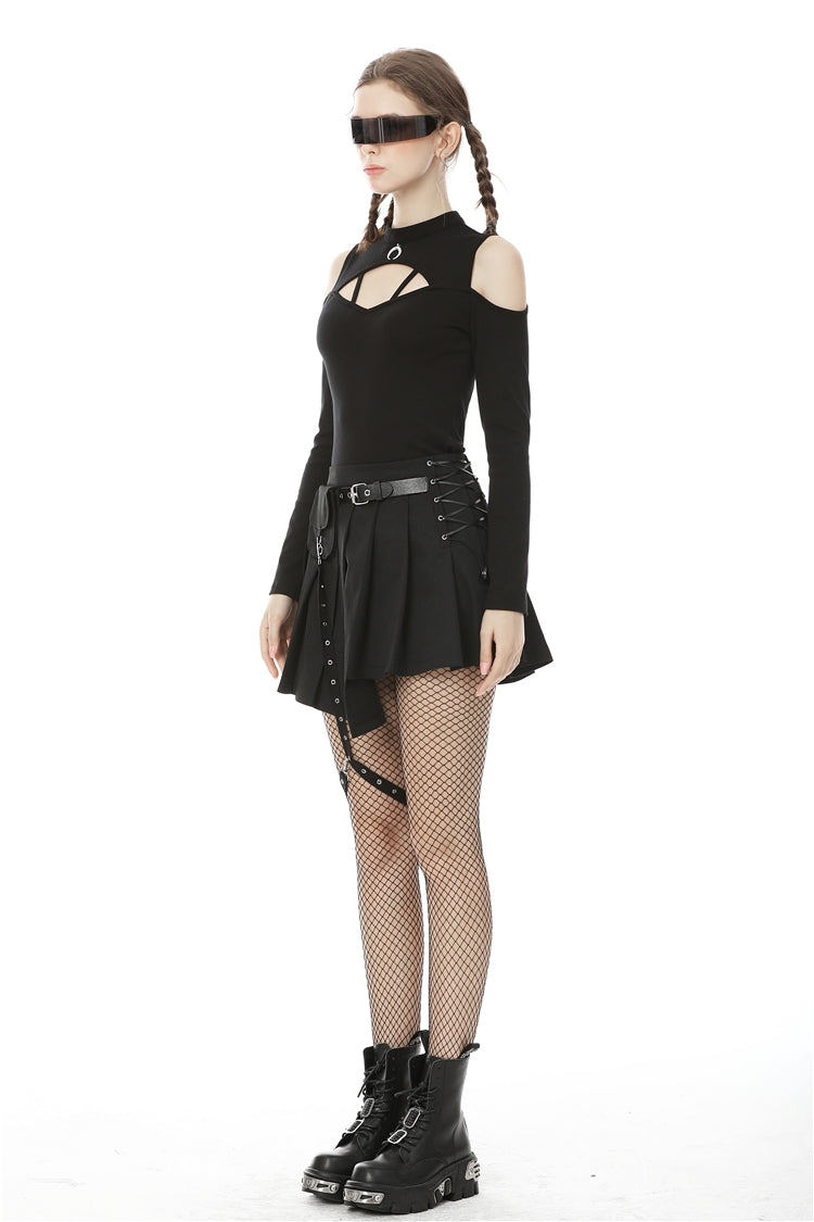 ブラック レースアップ 変形 裾幅 プリーツ レディース パンク スカート 付き Side バッグ 商品画像