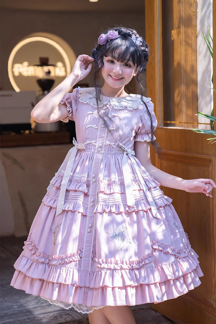 Pink Doll Collar Short Sleeves Iris Poem Print Ruffle Embroidery Sweet Lolita Dress - Product - 8
