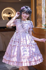 Pink Doll Collar Short Sleeves Iris Poem Print Ruffle Embroidery Sweet Lolita Dress - Product - 8