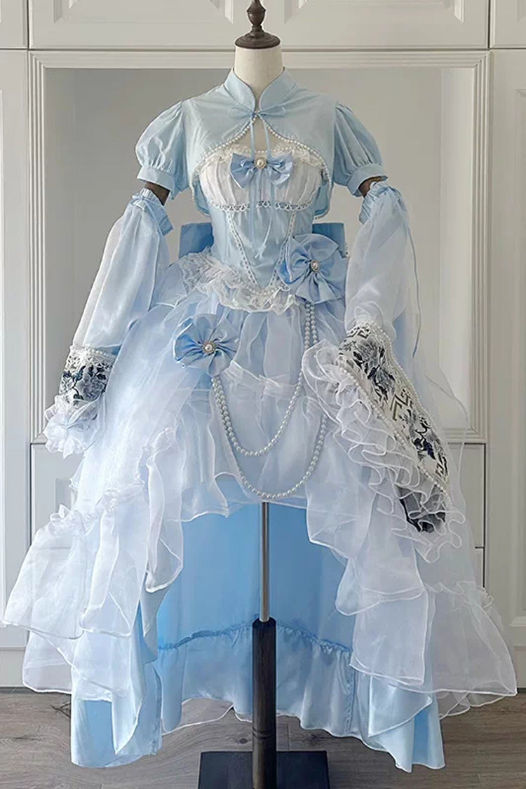 Blue/White Porcelain Printed Ruffled Bow Lace High-low Sweet Plus Size Lolita Jsk Dress(Long Version) - Product - 12