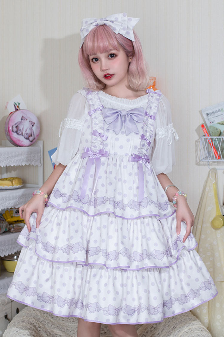 Polka Point Print Bowknot Multi-Layer Princess Sweet Lolita Jsk Dress - White/Purple - 4
