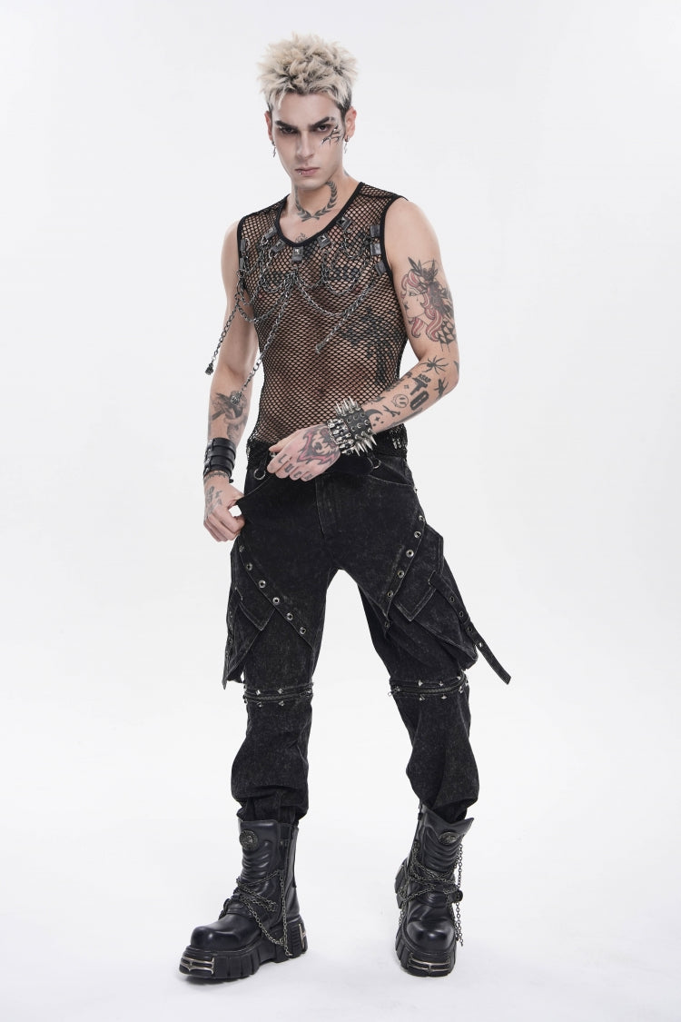 Black Round Collar Sleeveless Slim Sheer Mesh Studded Eyelet Men's Punk Handsome Vest - Product - 8