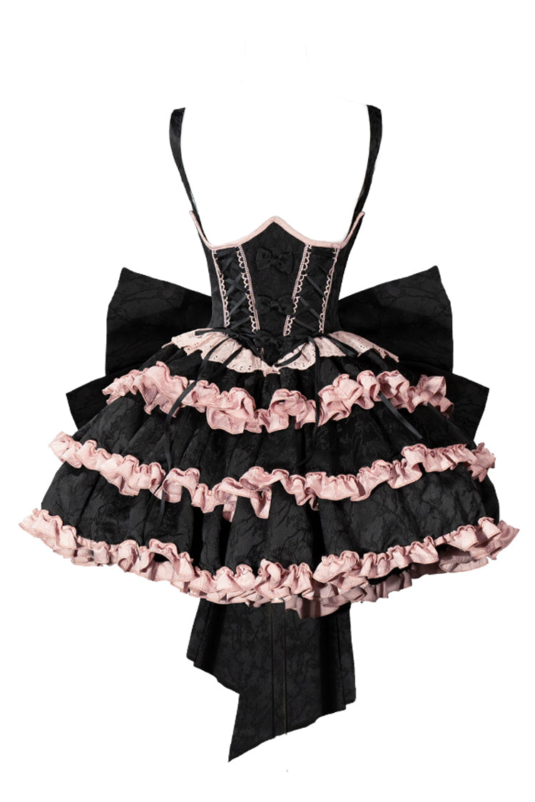 Black/Pink Sleeveless Multi-Layered Ruffle Bowknot Lace-Up Sweet Lolita Strap Dress - Product - 3