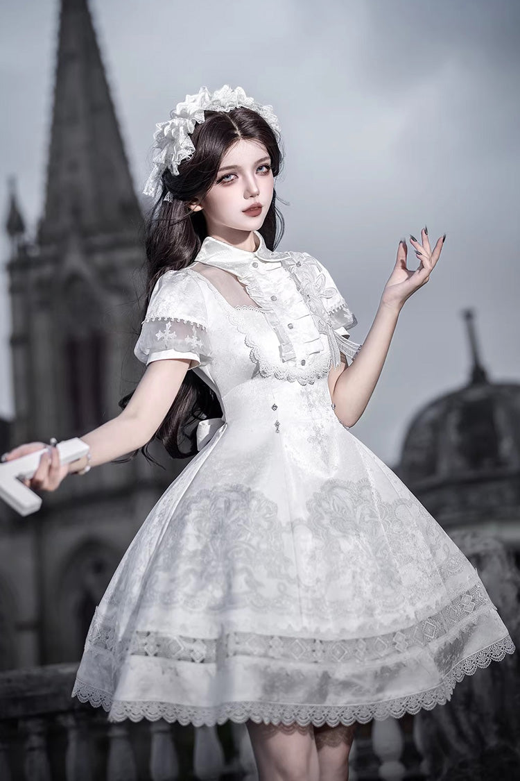 White Lapel Collar Short Sleeves Printed Ruffled Lace Classic Gothic Elegant Lolita Dress - Product - 8