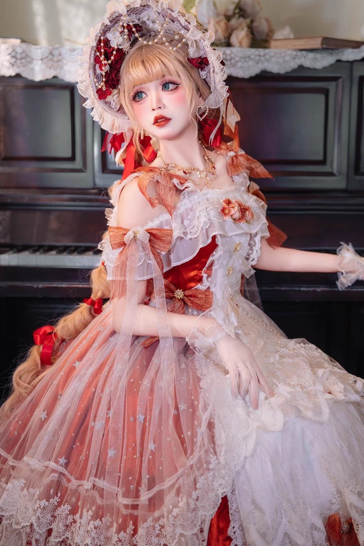 Red [Glazed Phantom] Off Shoulder Ruffle Hanayome Bowknot Lace Sweet Elegant Lolita Dress - Product - 4