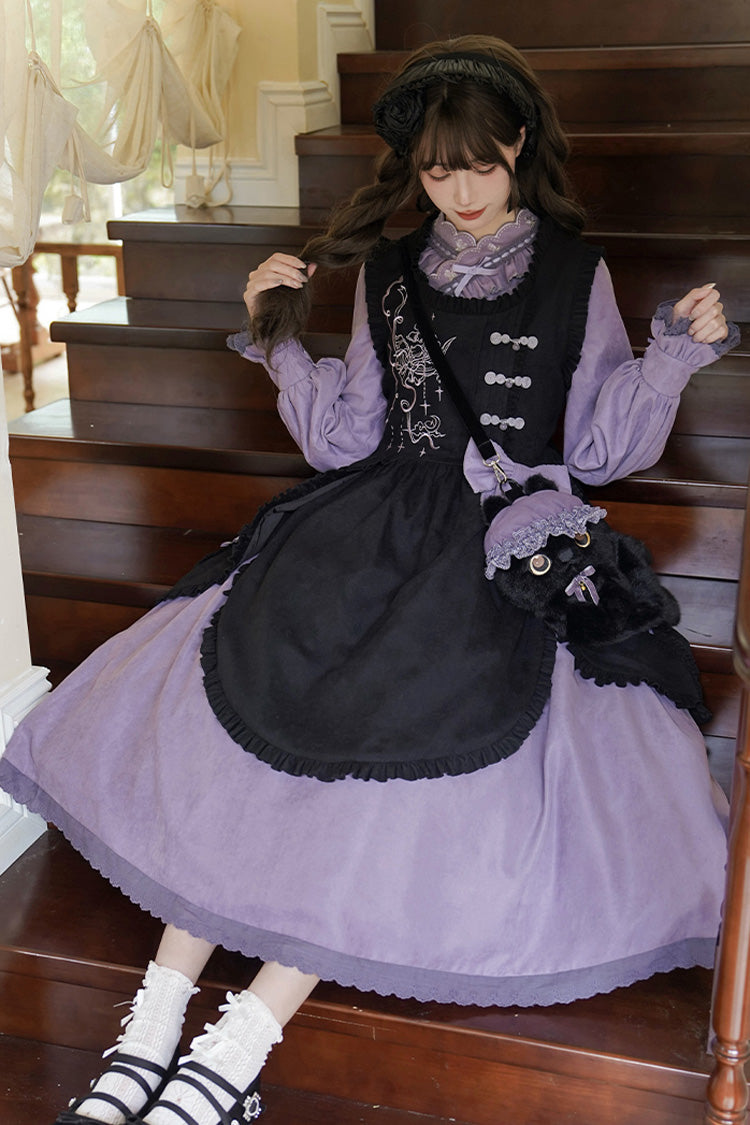 Black/Purple Petal Collar Drawstring Long Sleeves Embroidery Sweet Chinese Style Lolita Dress Two-piece Set - Product - 9
