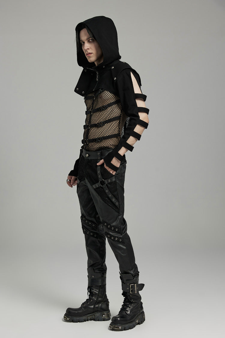 Black Stand Collar Hooded Cutout Men's Punk Jacket - Product - 5