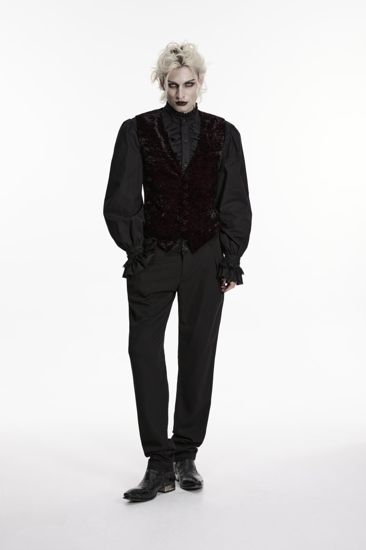 Black/Red V Collar Printed Slim Buckled Men's Gothic Retro Velvet Vest - Product - 5